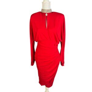 VTG Karen Okata David Howard Red Rouched Long Sleeve Dress Rhinestones Size 8